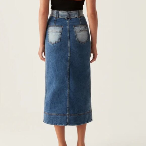 Aje Embrace Denim Midi Two Tone Indigo Belted Skirt Size US 2 New with Tags - Picture 2 of 4